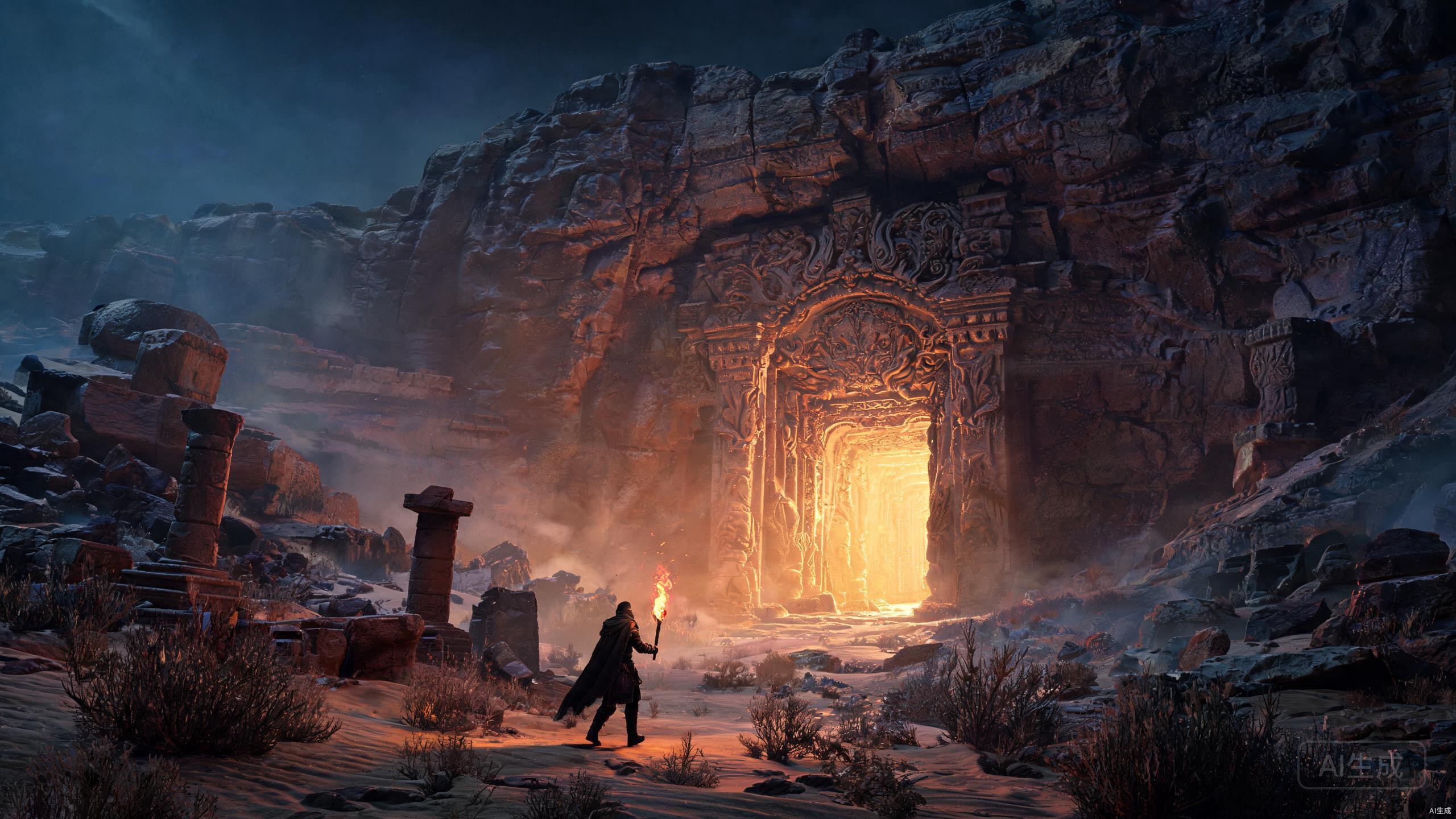 Vast desert landscape with hidden locations and treasure maps